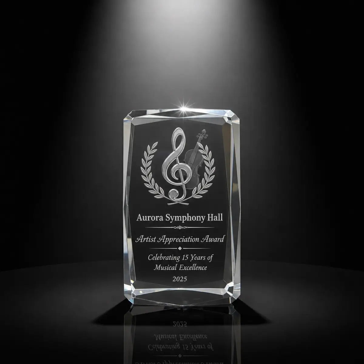 Custom 3D crystal award trophy faceted cube with personalised engraving, featuring music notes and violin design for artist appreciation, music awards and performing arts recognition.