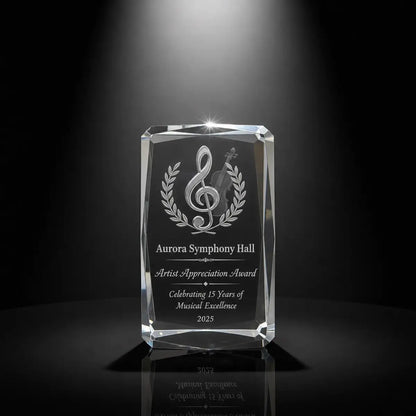 Custom 3D crystal award trophy faceted cube with personalised engraving, featuring music notes and violin design for artist appreciation, music awards and performing arts recognition.