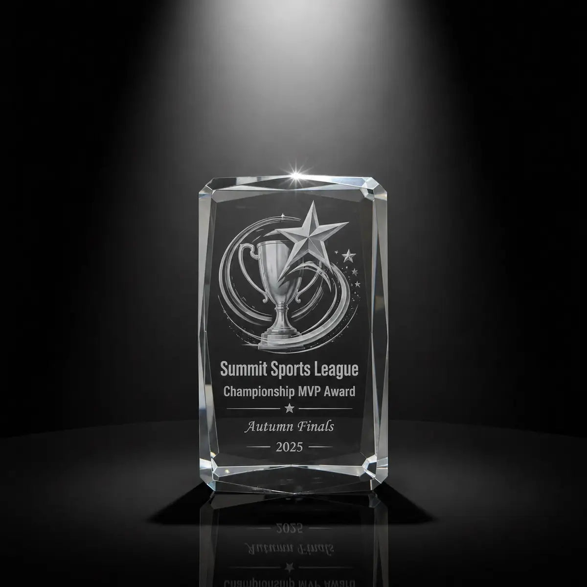 Custom 3D crystal award trophy faceted cube with personalised engraving, featuring trophy and star design for championship MVP awards, sports recognition and tournament winners.