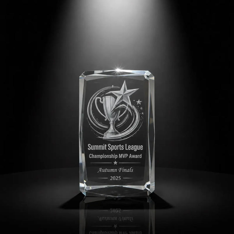 Custom 3D crystal award trophy faceted cube with personalised engraving, featuring trophy and star design for championship MVP awards, sports recognition and tournament winners.