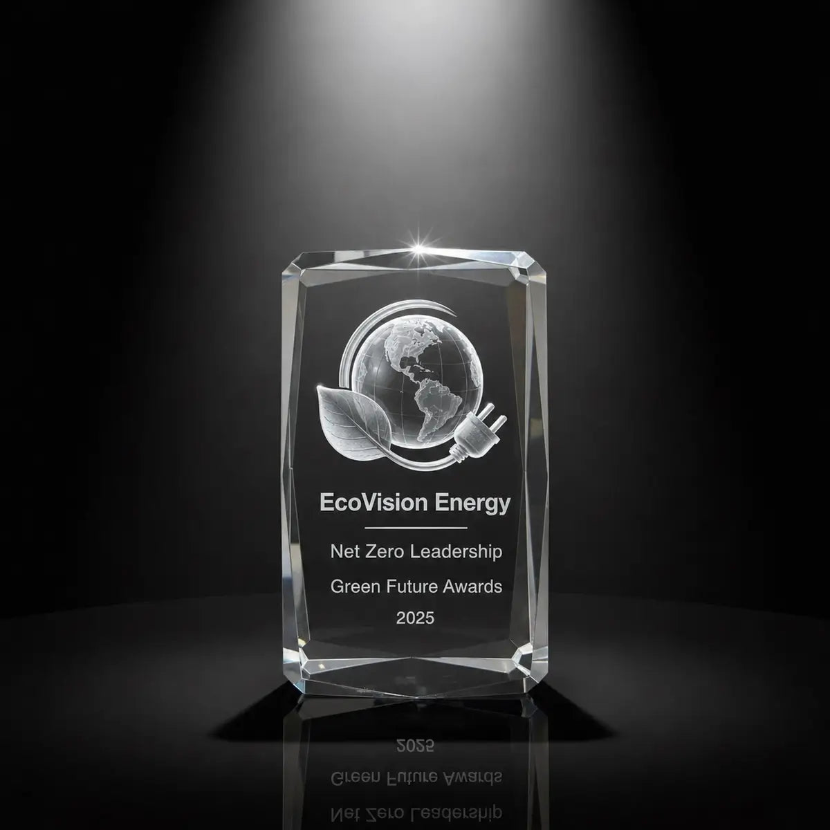 Custom 3D crystal award trophy faceted cube with personalised engraving, featuring globe, leaf and energy plug design for net zero leadership, sustainability and green future awards.