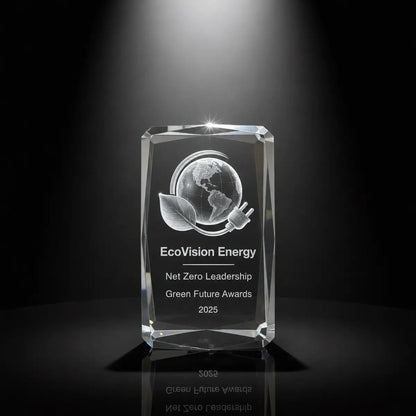 Custom 3D crystal award trophy faceted cube with personalised engraving, featuring globe, leaf and energy plug design for net zero leadership, sustainability and green future awards.