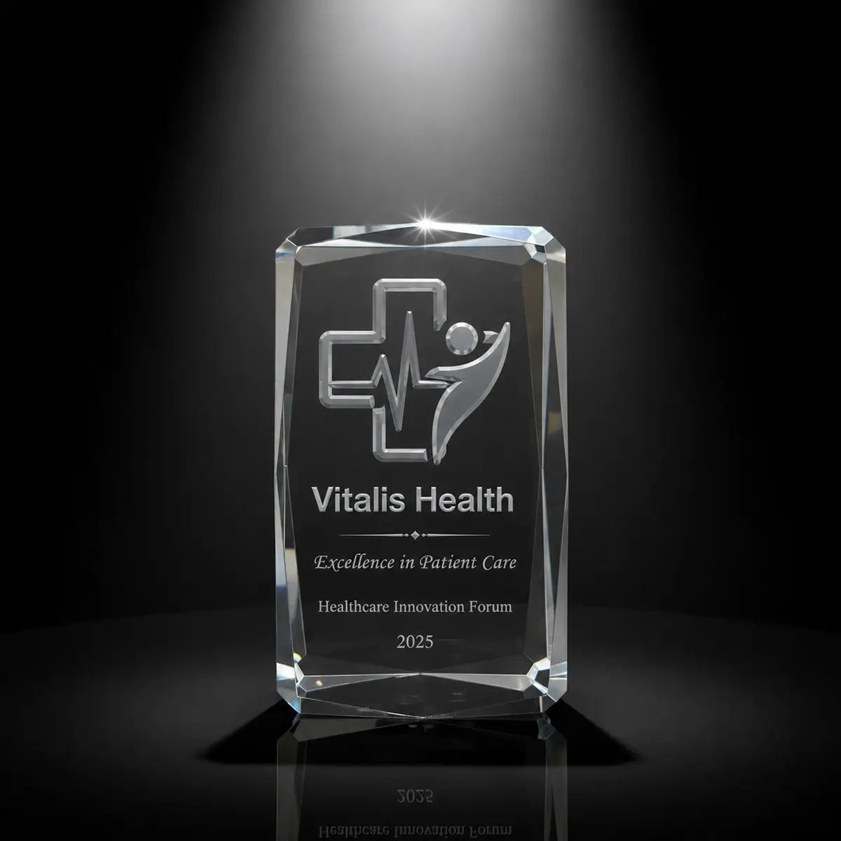 Custom 3D crystal award trophy faceted cube with personalised engraving, featuring medical cross and heartbeat design for patient care excellence, healthcare innovation and staff recognition.