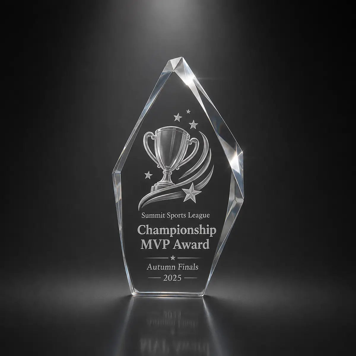 Custom 3D crystal award trophy faceted iceberg with personalised engraving, featuring trophy and star design for championship MVP awards, sports league recognition and tournament winners.