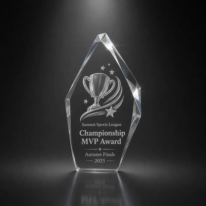 Custom 3D crystal award trophy faceted iceberg with personalised engraving, featuring trophy and star design for championship MVP awards, sports league recognition and tournament winners.