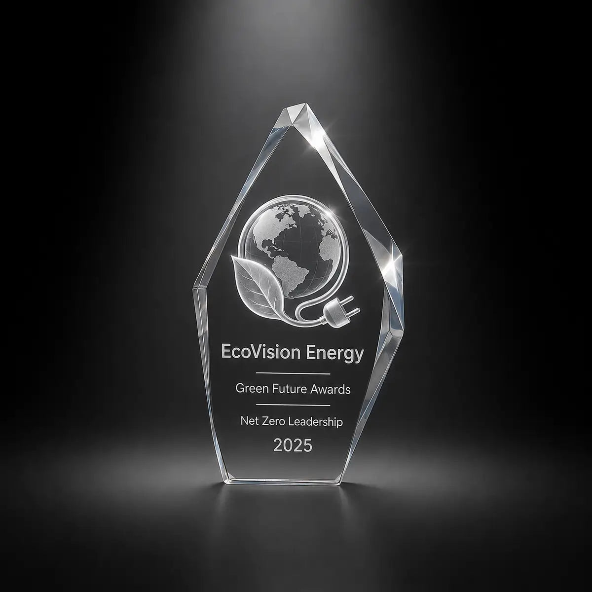 Custom 3D crystal award trophy faceted iceberg with personalised engraving, featuring globe, leaf and energy plug design for net zero leadership, green future awards and sustainability recognition.