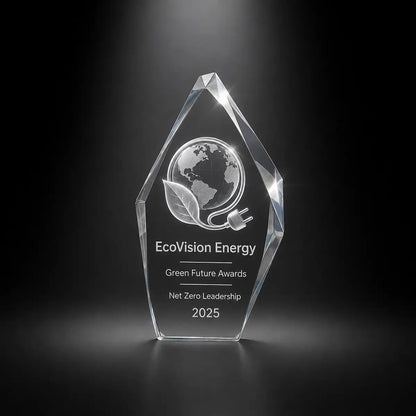 Custom 3D crystal award trophy faceted iceberg with personalised engraving, featuring globe, leaf and energy plug design for net zero leadership, green future awards and sustainability recognition.