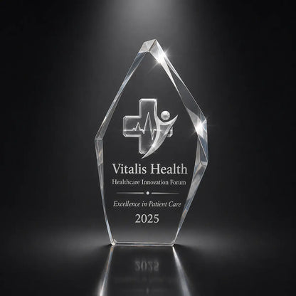 Custom 3D crystal award trophy faceted iceberg with personalised engraving, featuring medical cross and healthcare logo design for patient care excellence, healthcare innovation and medical staff recognition.