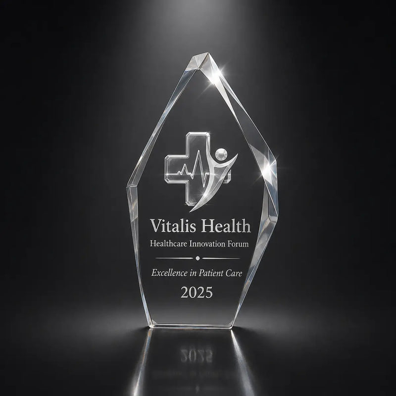 Custom 3D crystal award trophy faceted iceberg with personalised engraving, featuring medical cross and healthcare logo design for patient care excellence, healthcare innovation and medical staff recognition.