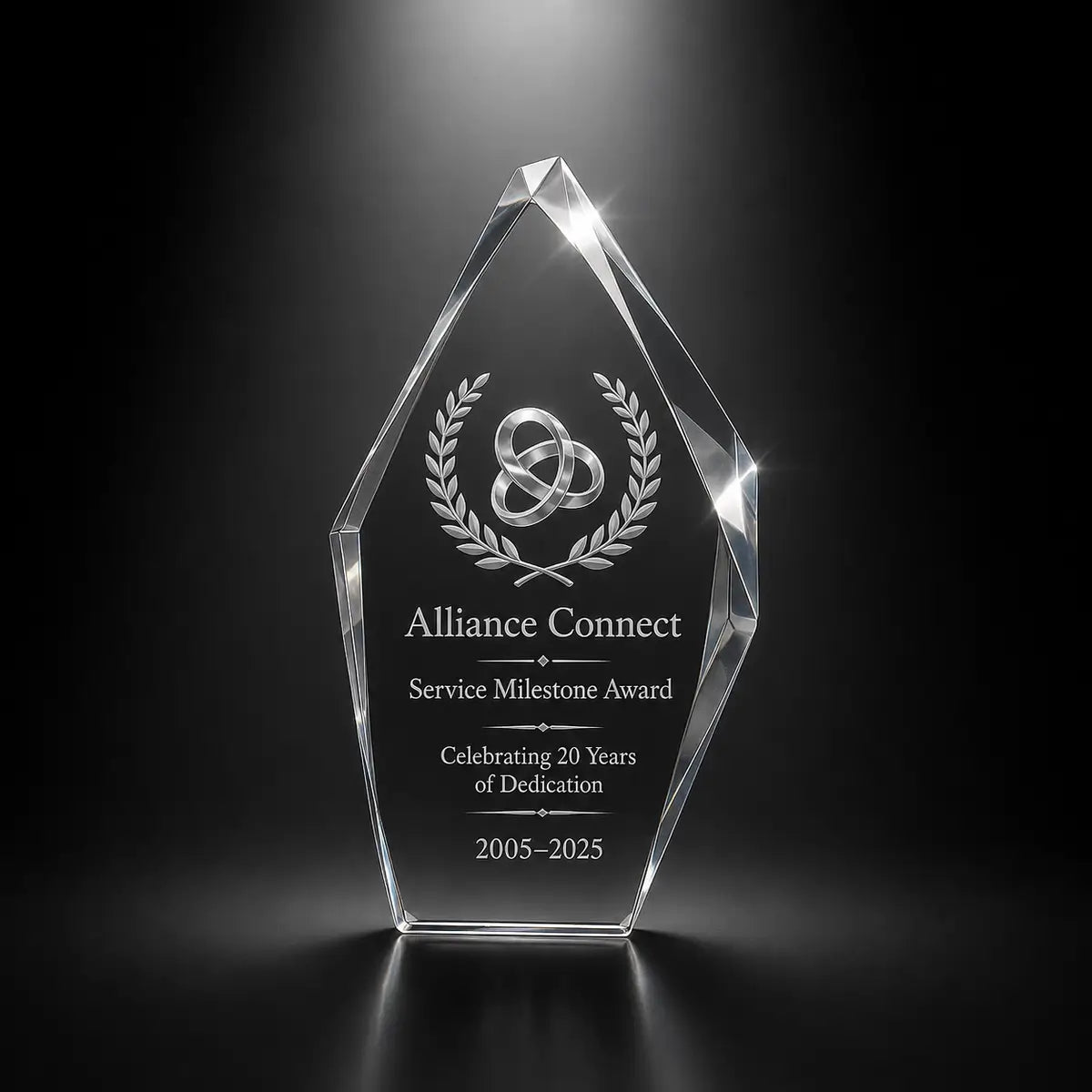 Custom 3D crystal award trophy faceted iceberg with personalised engraving, featuring linked rings and laurel design for service milestone awards, employee anniversary and long service recognition.