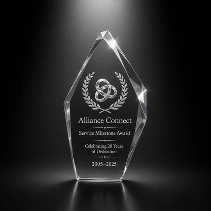 Custom 3D crystal award trophy faceted iceberg with personalised engraving, featuring linked rings and laurel design for service milestone awards, employee anniversary and long service recognition.