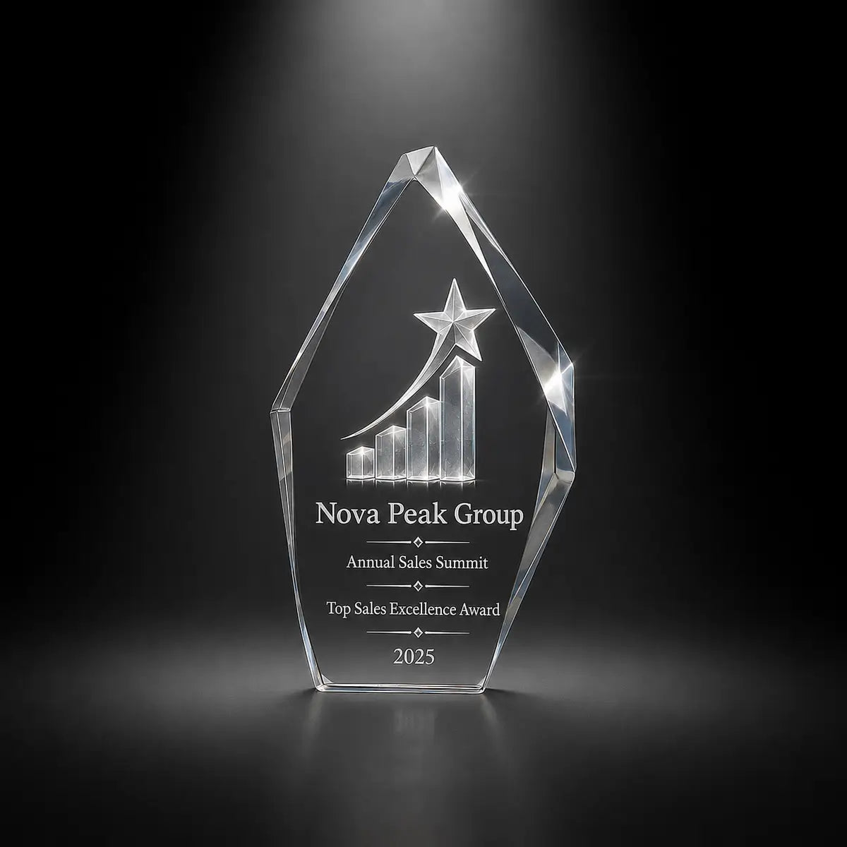 Custom 3D crystal award trophy faceted iceberg with personalised engraving, featuring rising chart and star design for top sales excellence, annual sales summit and corporate achievement recognition.