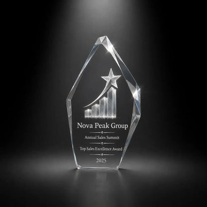 Custom 3D crystal award trophy faceted iceberg with personalised engraving, featuring rising chart and star design for top sales excellence, annual sales summit and corporate achievement recognition.