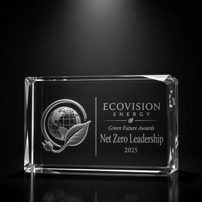 Custom 3D crystal award trophy faceted landscape with personalised engraving, featuring globe, leaf and energy plug design for net zero leadership, sustainability and green future awards.