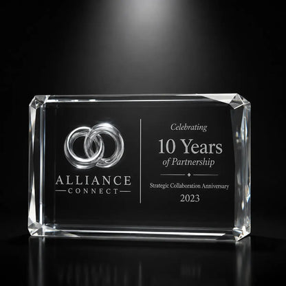 Custom 3D crystal award trophy faceted landscape with personalised engraving, featuring linked rings design for 10 year partnership, strategic collaboration anniversary and business partner recognition.