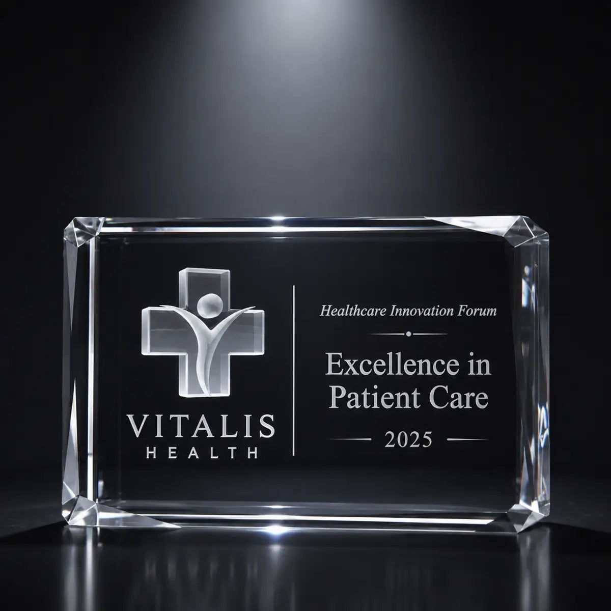 Custom 3D crystal award trophy faceted landscape with personalised engraving, featuring healthcare logo design for patient care excellence, medical recognition and healthcare innovation awards.