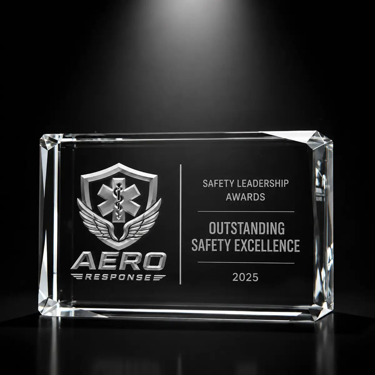 Custom 3D crystal award trophy faceted landscape with personalised engraving, featuring emergency response logo design for safety leadership, workplace safety and outstanding safety excellence awards.