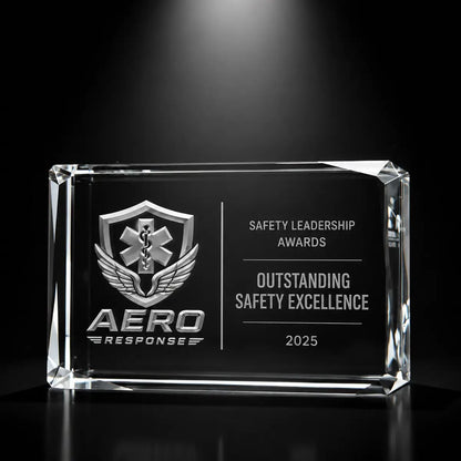 Custom 3D crystal award trophy faceted landscape with personalised engraving, featuring emergency response logo design for safety leadership, workplace safety and outstanding safety excellence awards.