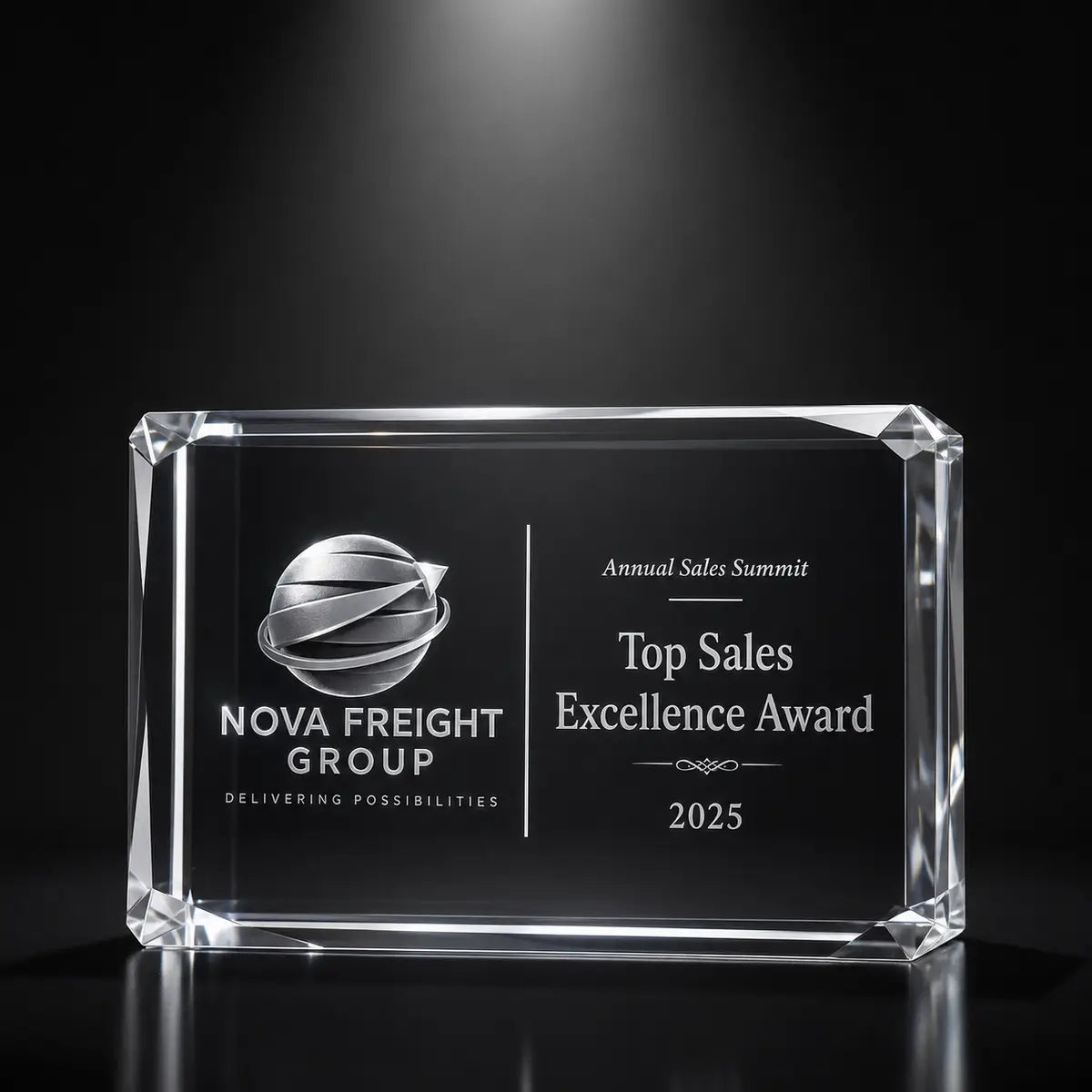 Custom 3D crystal award trophy faceted landscape with personalised engraving, featuring freight logo design for top sales excellence, annual sales summit and corporate achievement recognition.