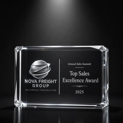 Custom 3D crystal award trophy faceted landscape with personalised engraving, featuring freight logo design for top sales excellence, annual sales summit and corporate achievement recognition.