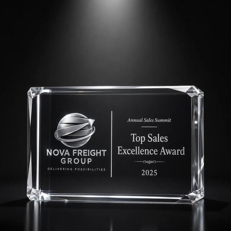 Custom 3D crystal award trophy faceted landscape with personalised engraving, featuring freight logo design for top sales excellence, annual sales summit and corporate achievement recognition.