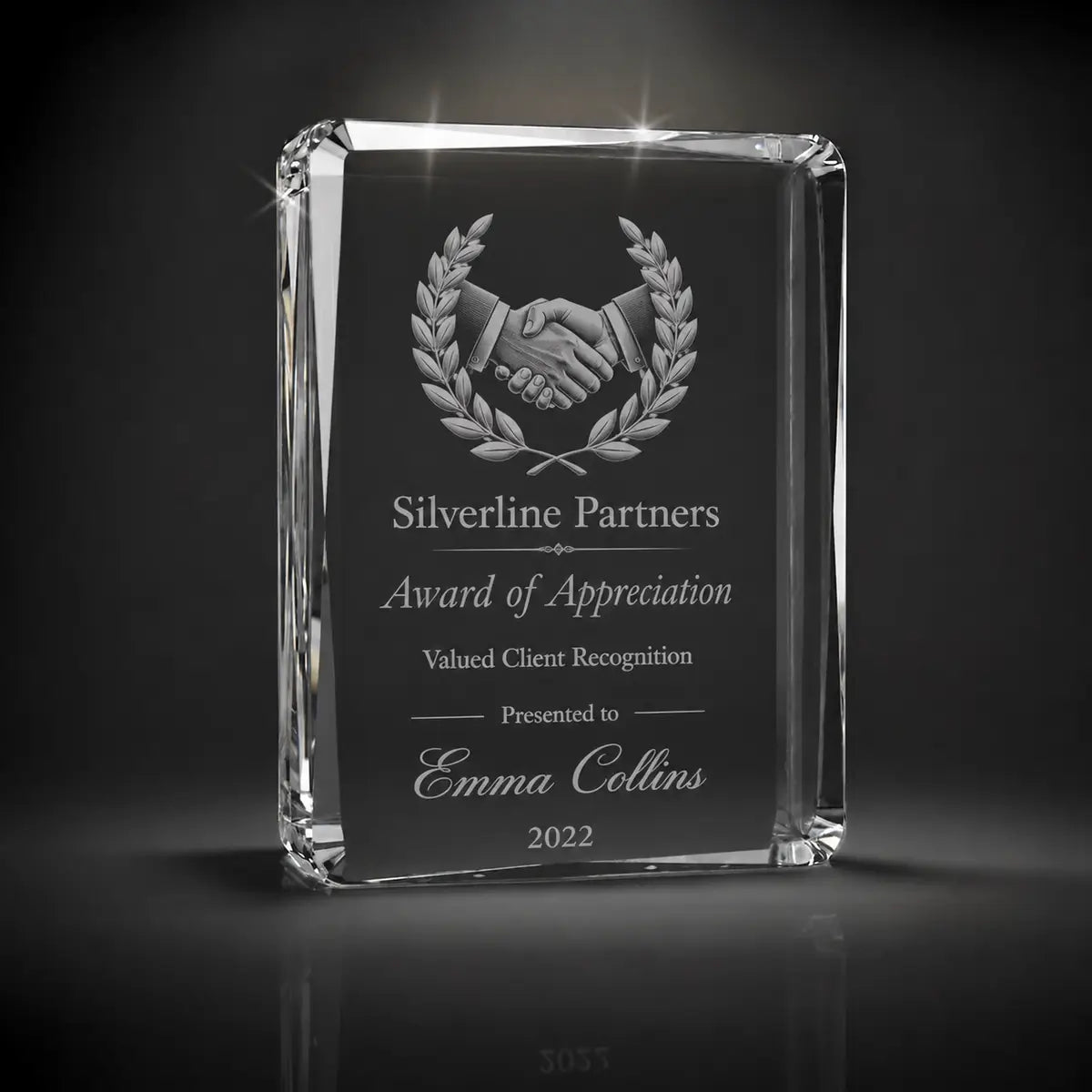 Custom 3D crystal award trophy faceted portrait with personalised engraving, featuring handshake and laurel design for client appreciation, business partner recognition and corporate thank you awards.
