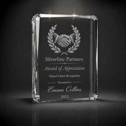 Custom 3D crystal award trophy faceted portrait with personalised engraving, featuring handshake and laurel design for client appreciation, business partner recognition and corporate thank you awards.