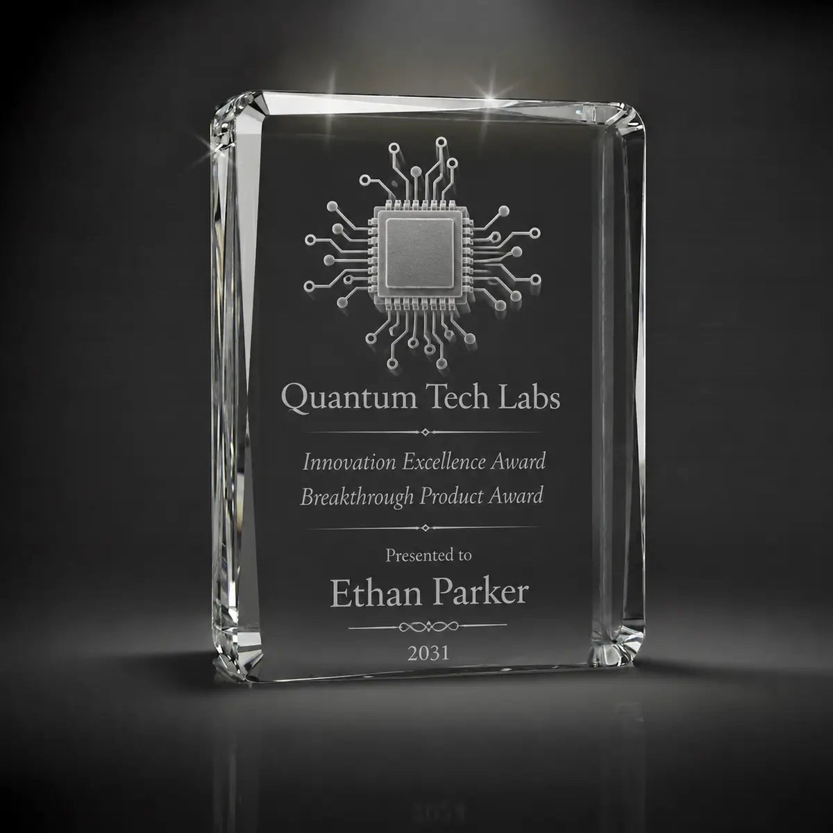 Custom 3D crystal award trophy faceted portrait with personalised engraving, featuring microchip and circuit design for innovation excellence, breakthrough product awards and technology recognition.