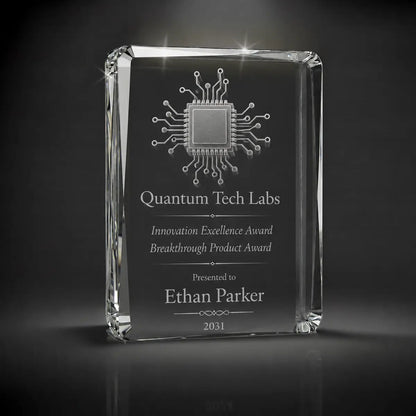 Custom 3D crystal award trophy faceted portrait with personalised engraving, featuring microchip and circuit design for innovation excellence, breakthrough product awards and technology recognition.