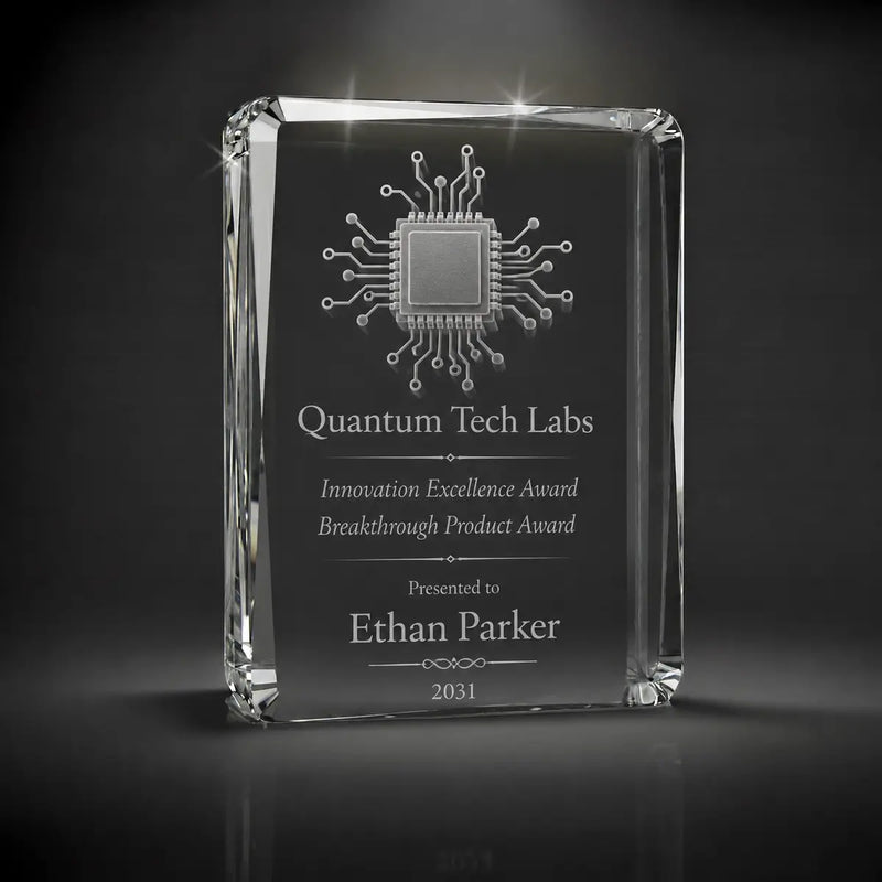 Custom 3D crystal award trophy faceted portrait with personalised engraving, featuring microchip and circuit design for innovation excellence, breakthrough product awards and technology recognition.