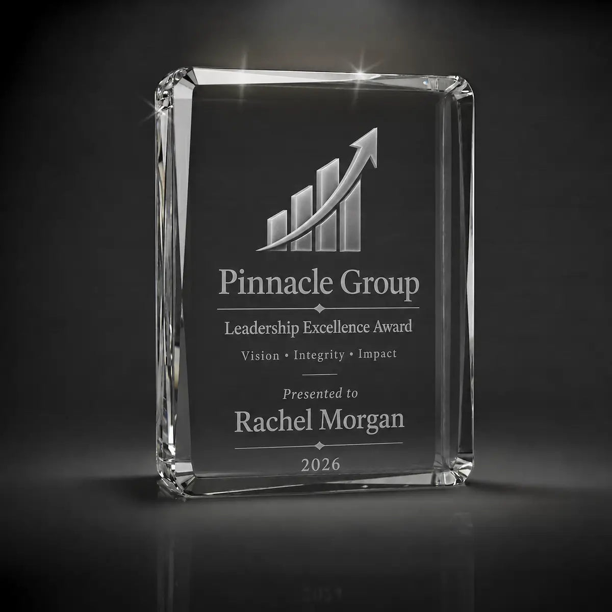 Custom 3D crystal award trophy faceted portrait with personalised engraving, featuring growth chart and arrow design for leadership excellence, executive achievement and corporate recognition.