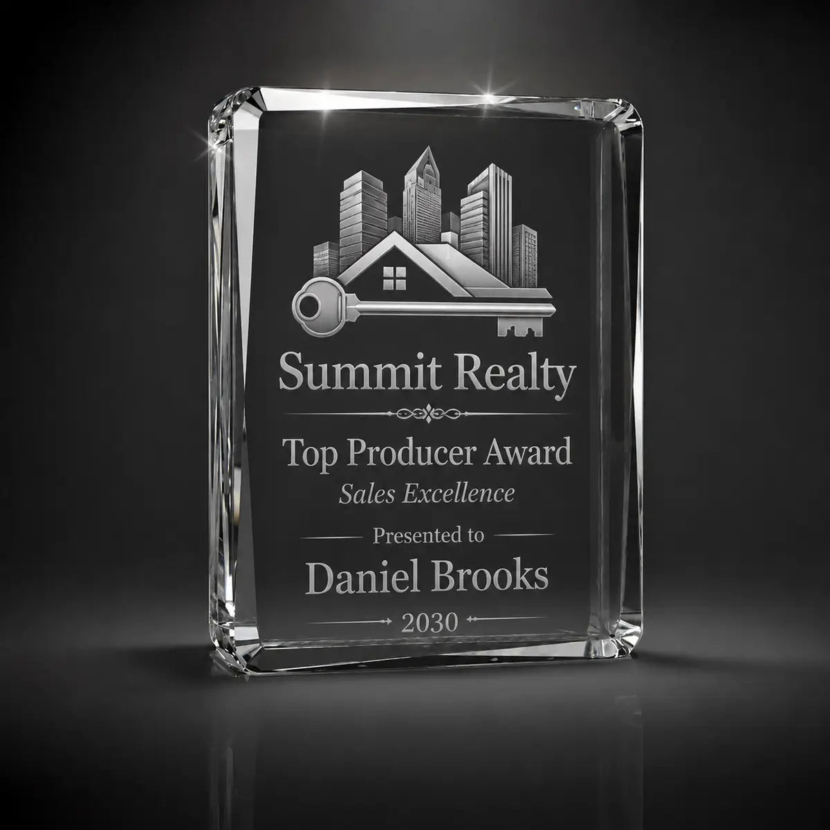 Custom 3D crystal award trophy faceted portrait with personalised engraving, featuring real estate key and city skyline design for top producer awards, sales excellence and agent recognition.
