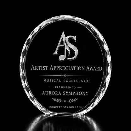 Custom 3D crystal award trophy faceted round with personalised engraving, featuring music logo design for artist appreciation, musical excellence and performing arts recognition.