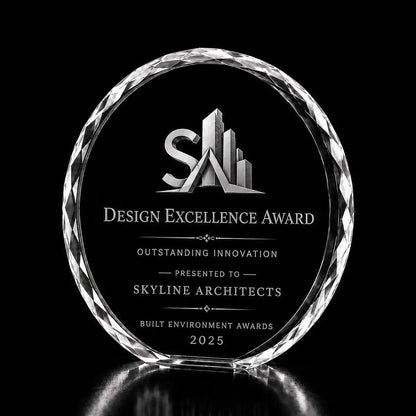 Custom 3D crystal award trophy faceted round with personalised engraving, featuring architecture logo design for design excellence, built environment awards and innovation recognition.