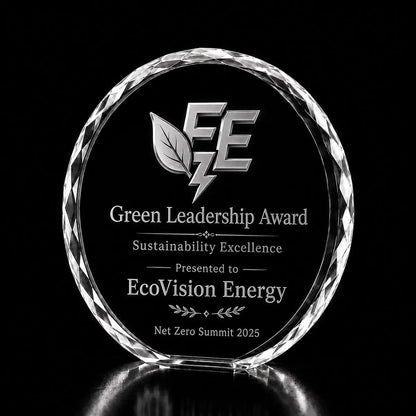 Custom 3D crystal award trophy faceted round with personalised engraving, featuring leaf and energy logo design for green leadership, sustainability excellence and net zero recognition.