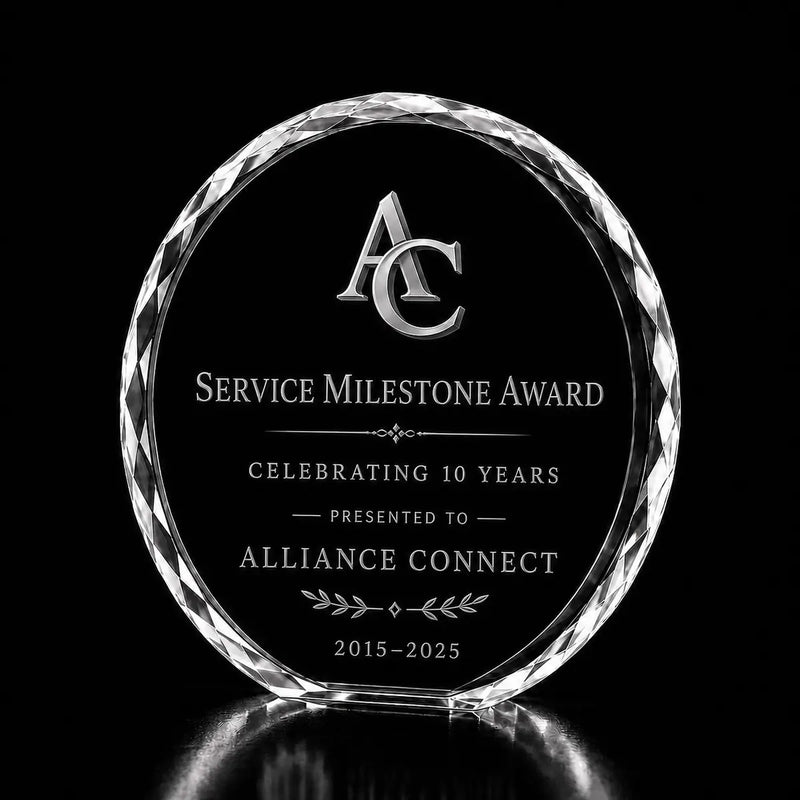 Custom 3D crystal award trophy faceted round with personalised engraving, ideal for service milestone awards, employee anniversary recognition and celebrating years of dedication.