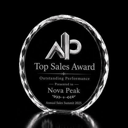 Custom 3D crystal award trophy faceted round with personalised engraving, featuring corporate logo design for top sales awards, outstanding performance and annual sales recognition.
