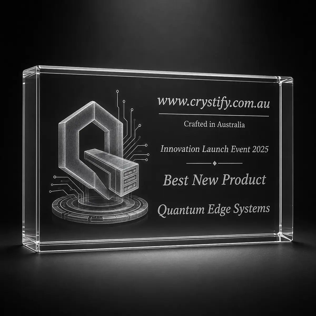 Custom 3D crystal award trophy landscape with personalised engraving, featuring technology product and circuit design for innovation launch events, best new product awards and corporate recognition.