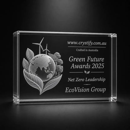 Custom 3D crystal award trophy landscape with personalised engraving, featuring globe, leaves, wind turbines and solar panels for net zero leadership, sustainability and green future awards.