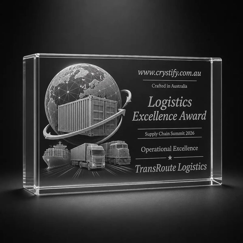 Custom 3D crystal award trophy landscape with personalised engraving, featuring globe, shipping container, truck, train and cargo ship design for logistics excellence and supply chain recognition.