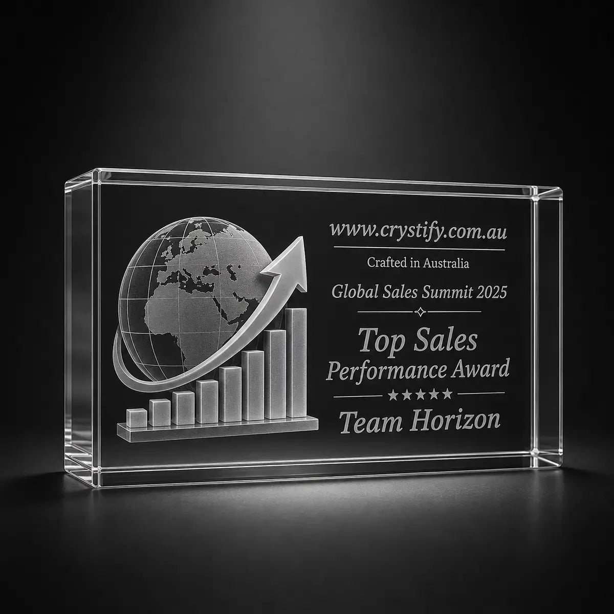 Custom 3D crystal award trophy landscape with personalised engraving, featuring globe, rising arrow and sales chart design for top sales performance, business growth and corporate achievement awards.