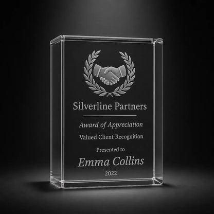 Custom 3D crystal award trophy portrait with personalised engraving, featuring handshake and laurel design for client appreciation, business partner recognition and corporate thank you awards.