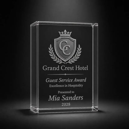 Custom 3D crystal award trophy portrait with personalised engraving, featuring hotel crest design for guest service excellence, hospitality awards and staff recognition.