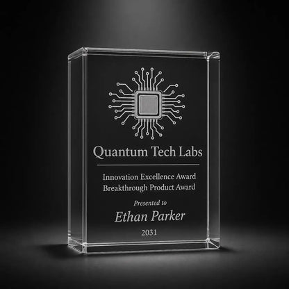 Custom 3D crystal award trophy portrait with personalised engraving, featuring microchip and circuit design for innovation excellence, breakthrough product awards and technology recognition.
