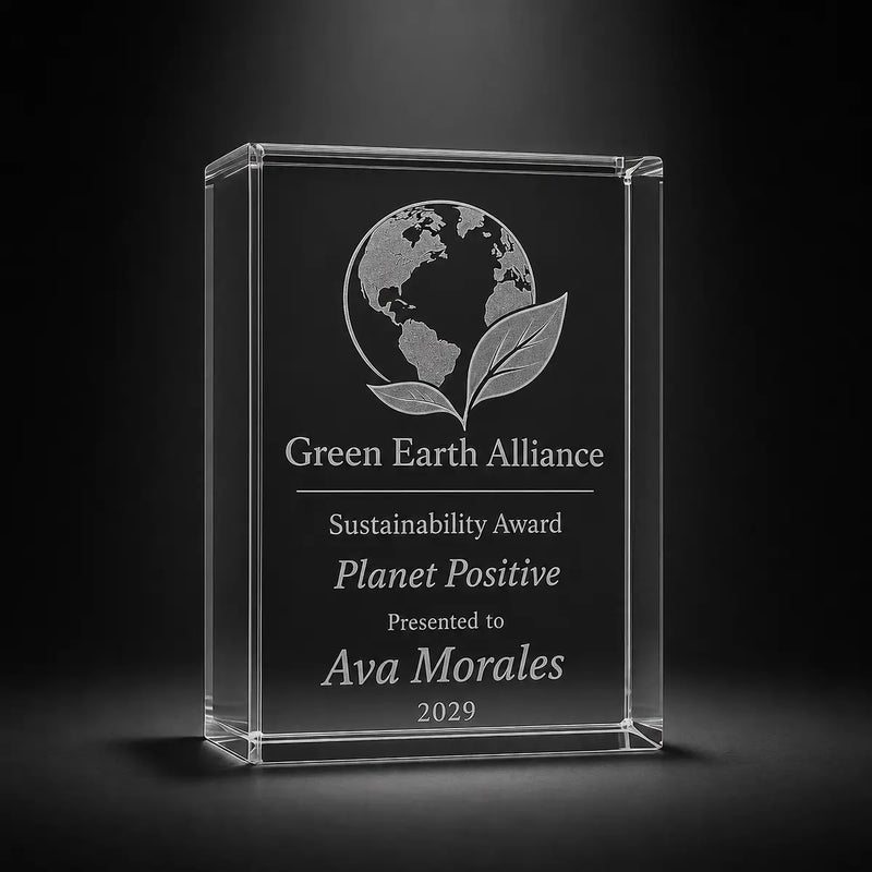 Custom 3D crystal award trophy portrait with personalised engraving, featuring globe and leaf design for sustainability awards, green business recognition and environmental achievement.