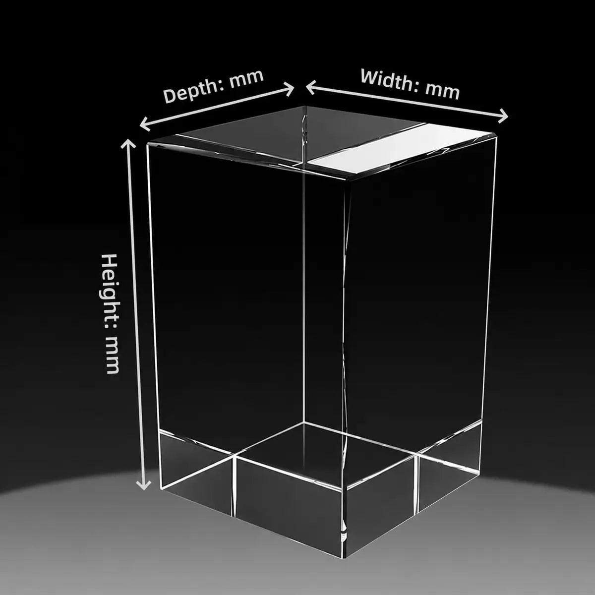 Custom 3D crystal cube size guide with blank clear cube shape and width, height and depth measurement labels in mm.