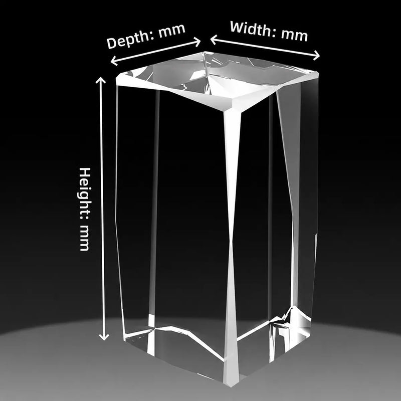 Custom 3D crystal faceted cube size guide showing a blank bevelled crystal cube with mm dimension labels.