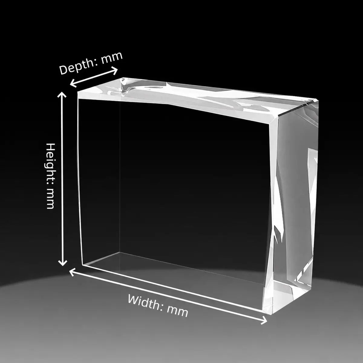 Custom 3D crystal faceted landscape size guide showing a blank bevelled crystal block with measurements in mm.