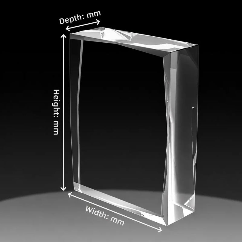 Custom 3D crystal faceted portrait size guide with blank clear crystal and width, height and depth labels in mm.