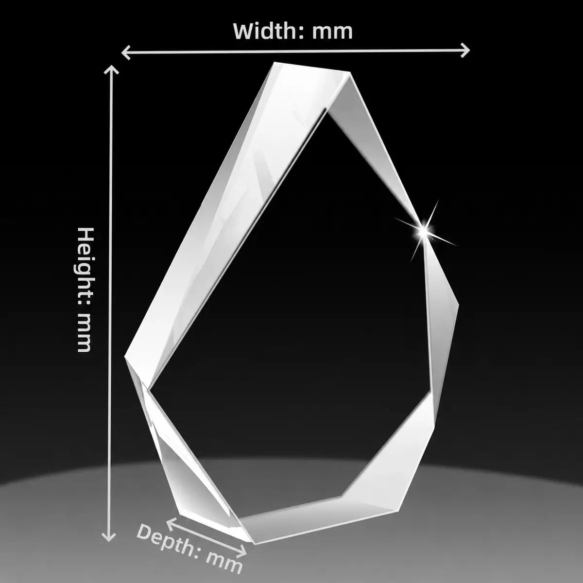 Custom 3D crystal iceberg size guide with blank faceted crystal shape and millimetre width, height and depth labels.